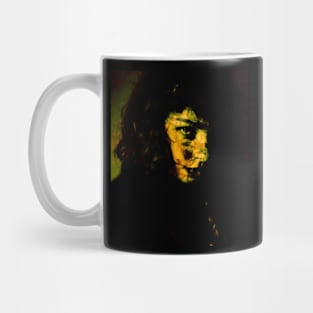 Beautiful girl, in dark yellow green lighting. Some splatters of blood. Dark and beautiful. Mug